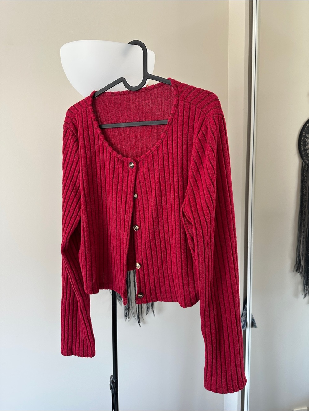 Fuchsia Ribbed Button-Front Women's Cardigan and Skirt Set